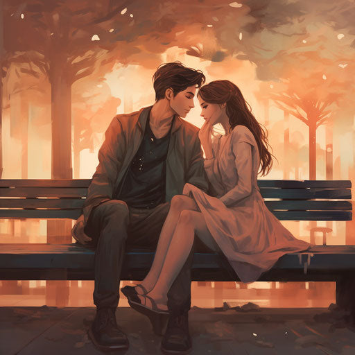 Two people sitting on a park bench with the words i love you