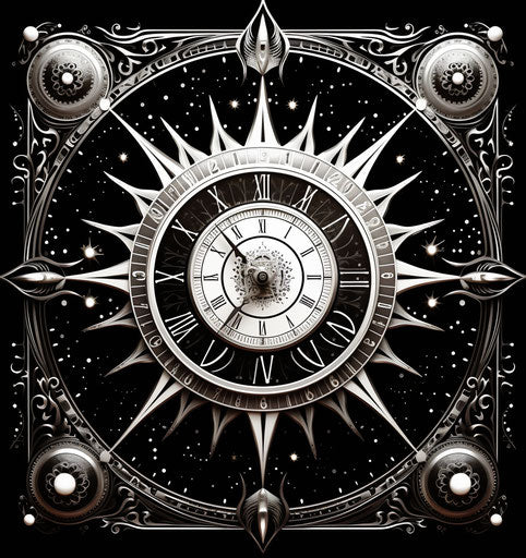 Clock with ornate symbols and sun in background