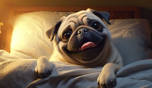A pug under a pillow on a bed, expressive body language