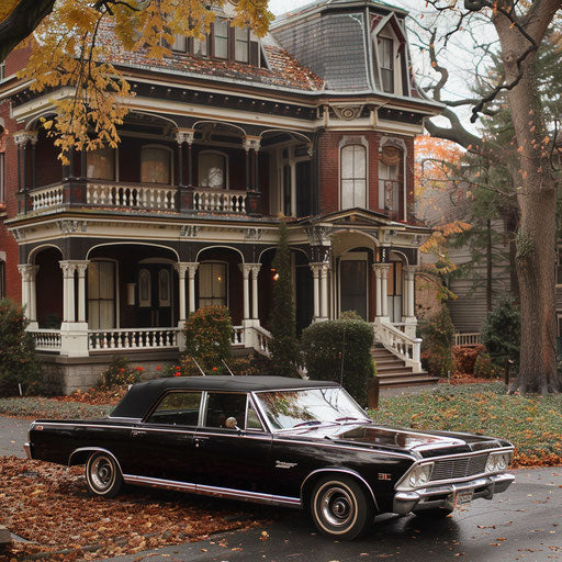1967 Chevy Bel Air hearse outside historic Victorian mansion