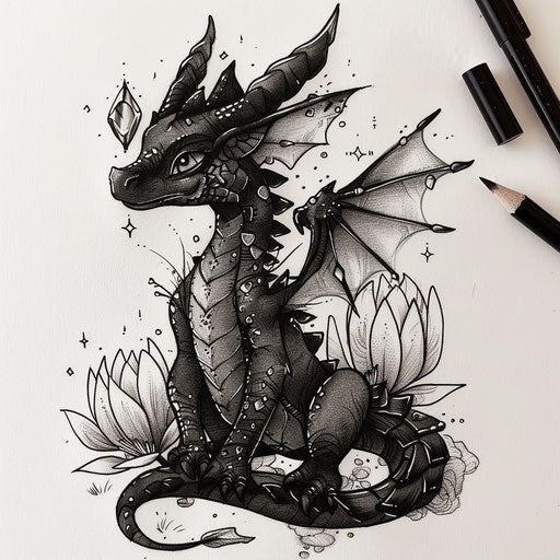 Quirky flat tattoo sketch of a black dragon with whimsical, magical accessories