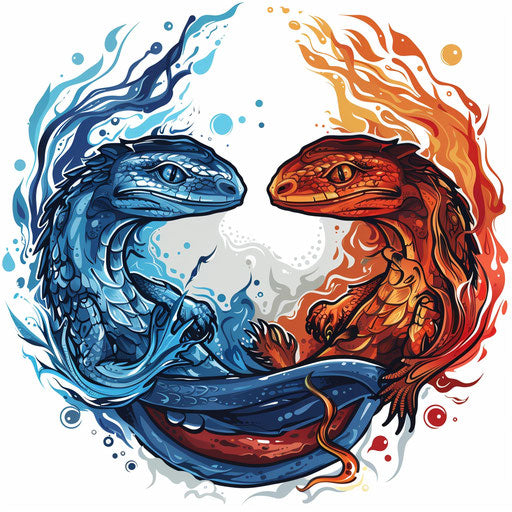 Flat tattoo sketch of lizard half blue half red