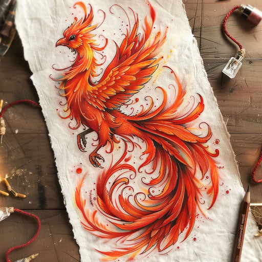 Fiery phoenix tattoo design on white parchment
