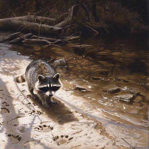 A raccoon on a sandy riverbank, paw prints trailing behind in the mud, as the river flows gently