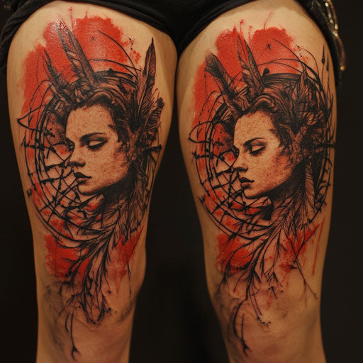 Daughter adorns tattoo with dreamcatcher on thigh