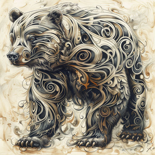 Bear with tribal design and ornaments, hyperrealistic style