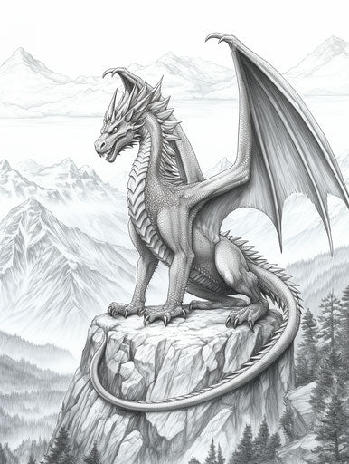 Dragon coloring page in the mountains