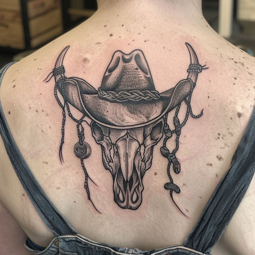 Bull skull tattoo with western theme