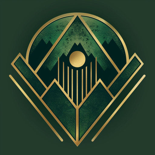 Art deco travel logo with angular designs on dark green background
