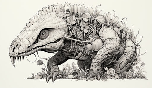 Drawing of the Cretaceae dinosaur in detailed ink style