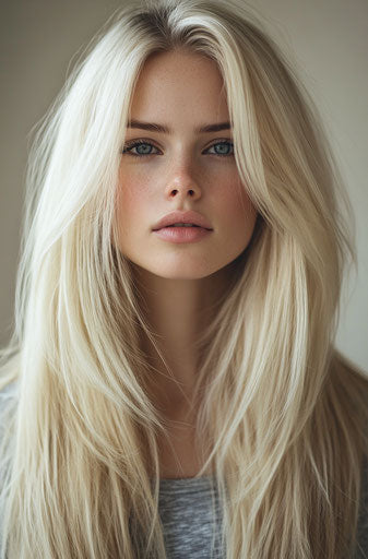 Blonde woman with long hair and a side part