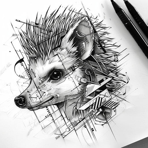 Futuristic tattoo sketch of a hedgehog with metallic effects and modern design