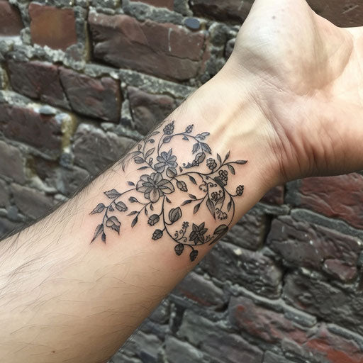 Men's wrist tattoos with detailed floral vines