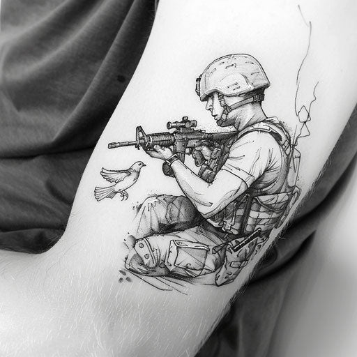 Soldier with peace dove, minimalist black on white