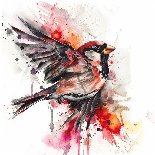 Sparrow emerging from watercolor splash, blending abstract art with tattoo on white.