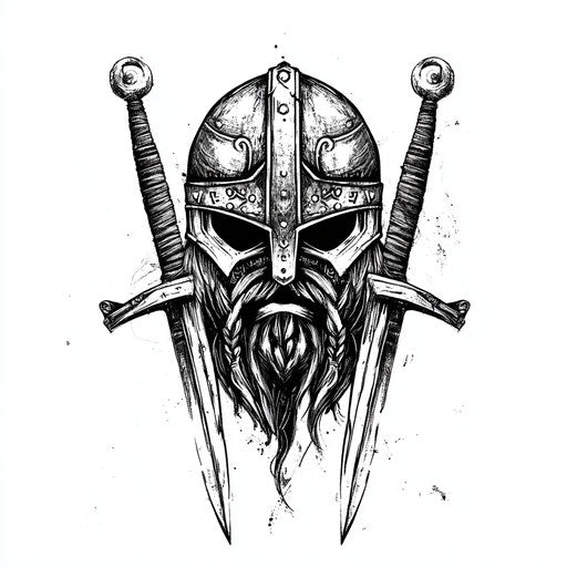 Flat tattoo design sketch of thigh with Viking warrior helmet and swords on white background