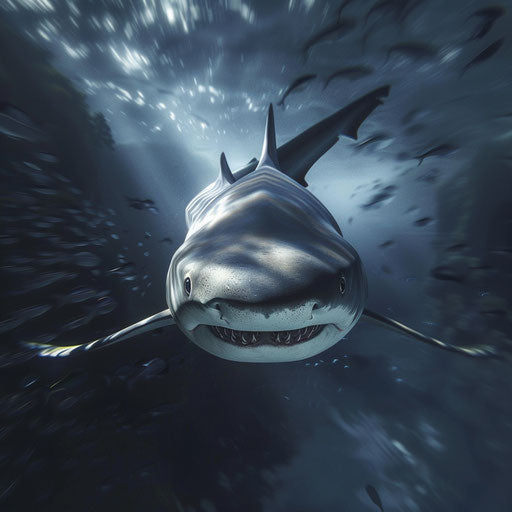 Tiger shark swimming in the twilight zone of the ocean