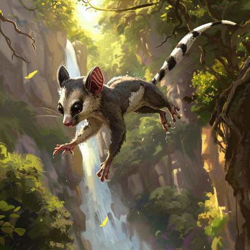 Leap of the sugar glider between trees with waterfall
