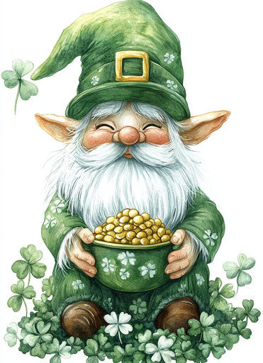 St. Patrick's Day gnome with pot of gold and shamrocks, Artgerm style
