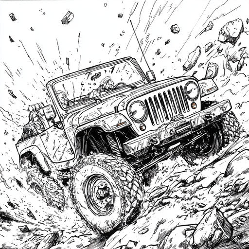 Jeep in a dynamic action scene, Mike Zeck style, coloring page