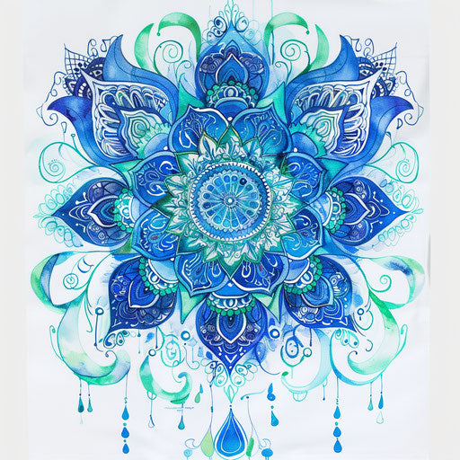 Intricate unalome and mandala tattoo in blue and green