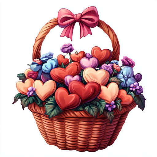 Basket full of Valentine's Day hearts, flowers, and bows