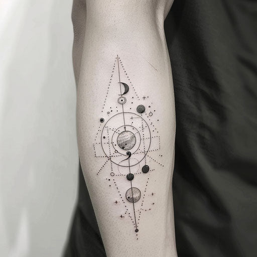 Stylized flat tattoo sketch of the Aquarius constellation with bold geometric shapes