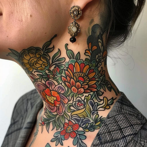 Throat tattoos with floral designs