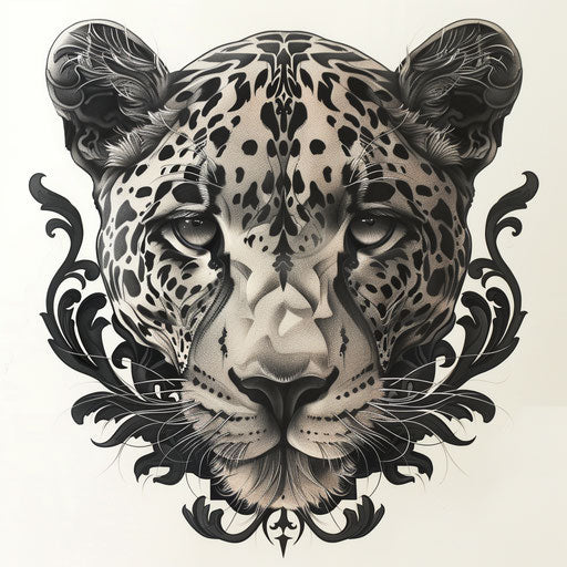 Gothic-inspired panther tattoo, dark and intricate, on stark white background