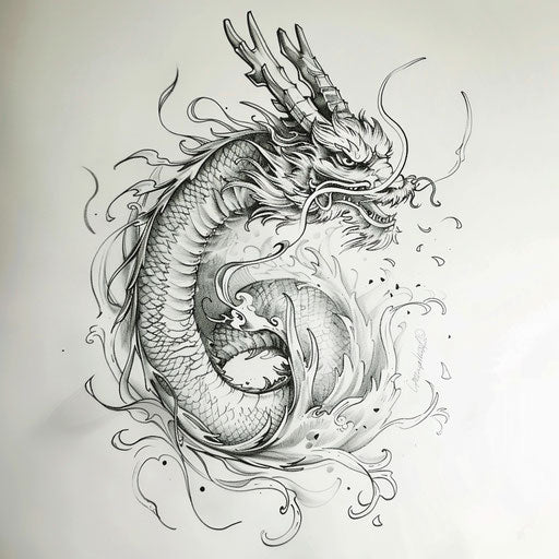 Monochrome tattoo sketch of a silver dragon with minimalist design elements
