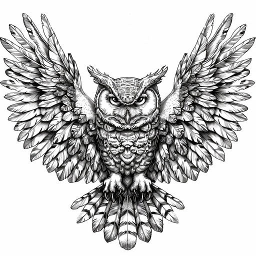 Tattoo sketch of an owl with outstretched wings in clipart style