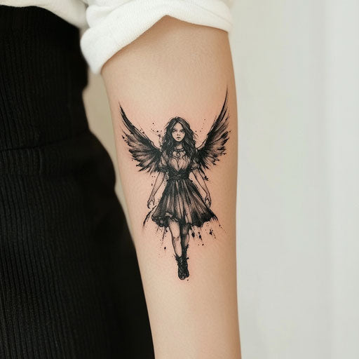 Inner Forearm Tattoo: Dark Angel with Broken Wings