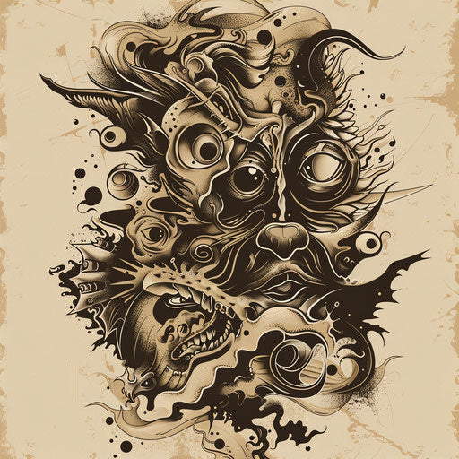 Flat tattoo sketch of vintage chaotic motifs in sepia tones