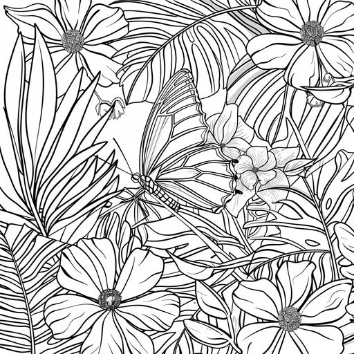 Butterfly among tropical flowers and leaves