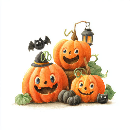 Three cheerful pumpkins with Halloween elements