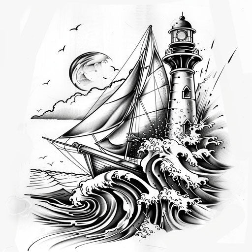 Tattoo sketch of a sailboat on waves, with a lighthouse in the background, clipart style, flat black ink