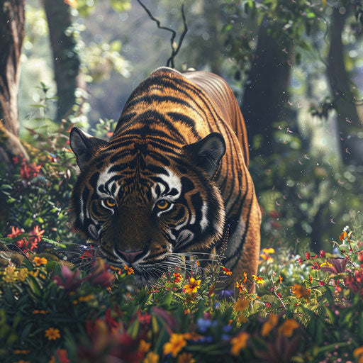 Sumatran tiger pausing to sniff the air in forest trail