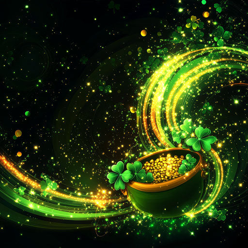 St. Patrick's Day background with rainbow, shamrocks, pot of gold