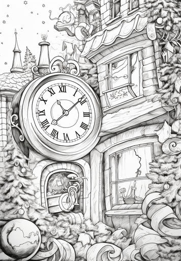Christmas with clock and decorations, meticulous inking, mesmerizing colors