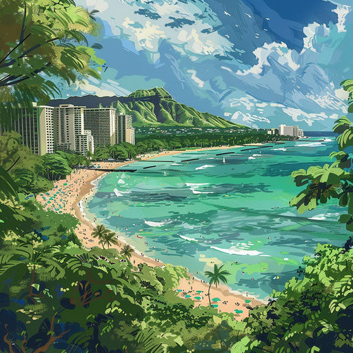 Waikiki Beach with lush green surroundings and clear waters