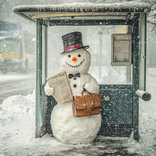 Snowman at bus stop with briefcase and newspaper