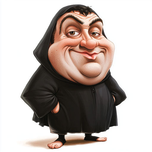 Humorous caricature of a Thomas Aquinas caricature with human characteristics, exaggerated thin lips, big feet, soft lighting, vibrant colors, cartoon style, smiling, high resolution, no background, isolated -c 40