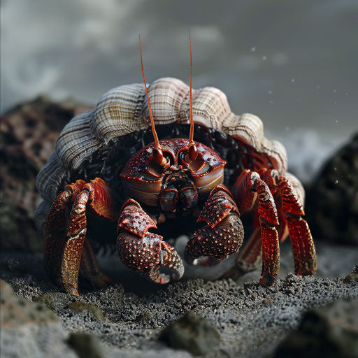 Hermit crab with a regal pose on the shore