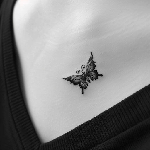 Tiny butterfly tattoo easy to do, in Humberto Ramos style, on collarbone
