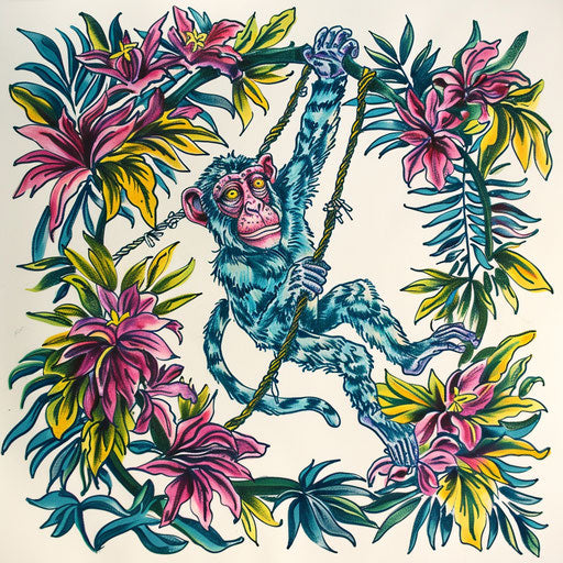 Playful monkey swinging on vine, vibrant jungle colors