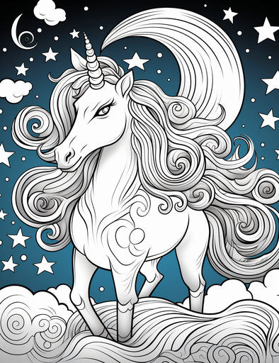 Cute unicorn on the moon coloring pages