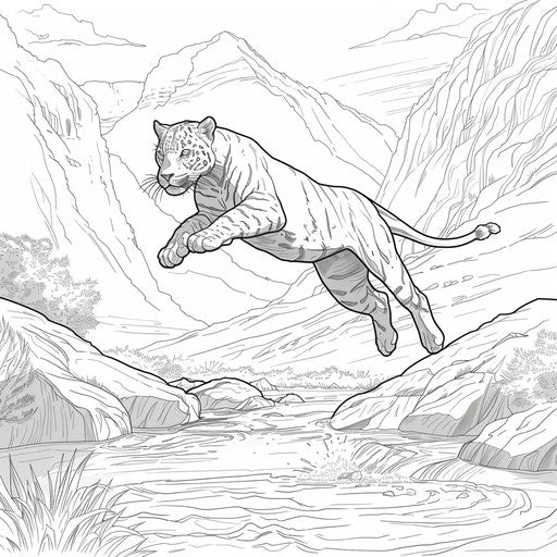 Black panther jumping a river with mountains in the background