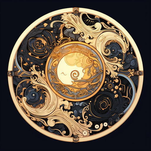 Yin yang symbol with sun, moon, and all symbols