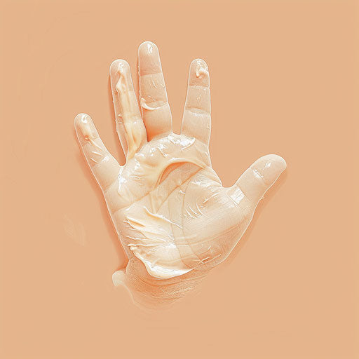 Realistic style handprint on pastel peach background, highlighting subtle luminosity and precise features
