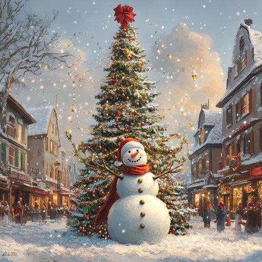 Frosty the Snowman helps decorate a tall Christmas tree